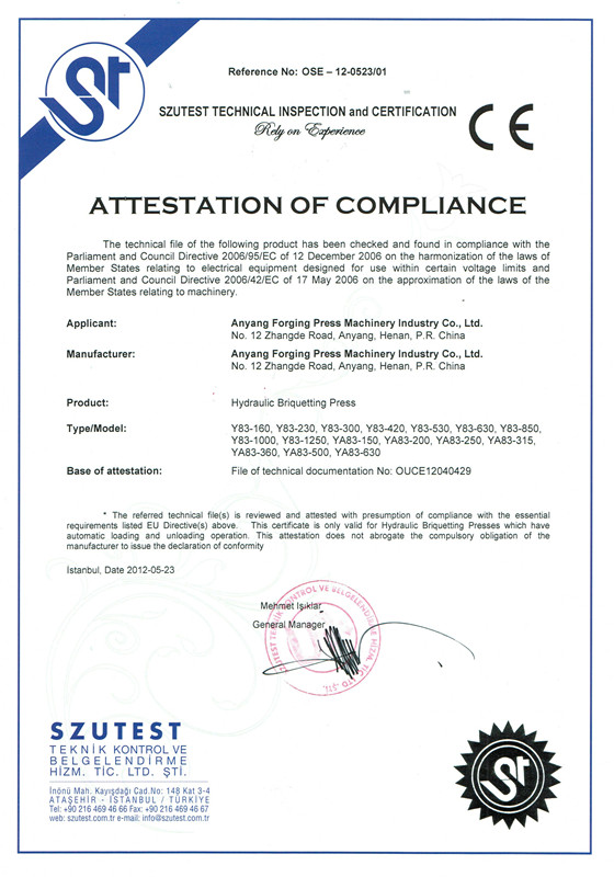 CE Certificate of Metal chips hydraulic briquetting press CE Certificate of Metal chips hydraulic briquetting press